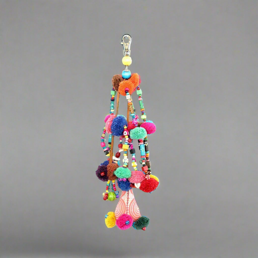 Pyramid XL Pom Pom Bag Charm | Handmade Zipper Pull with Beads and Shells | Thailand