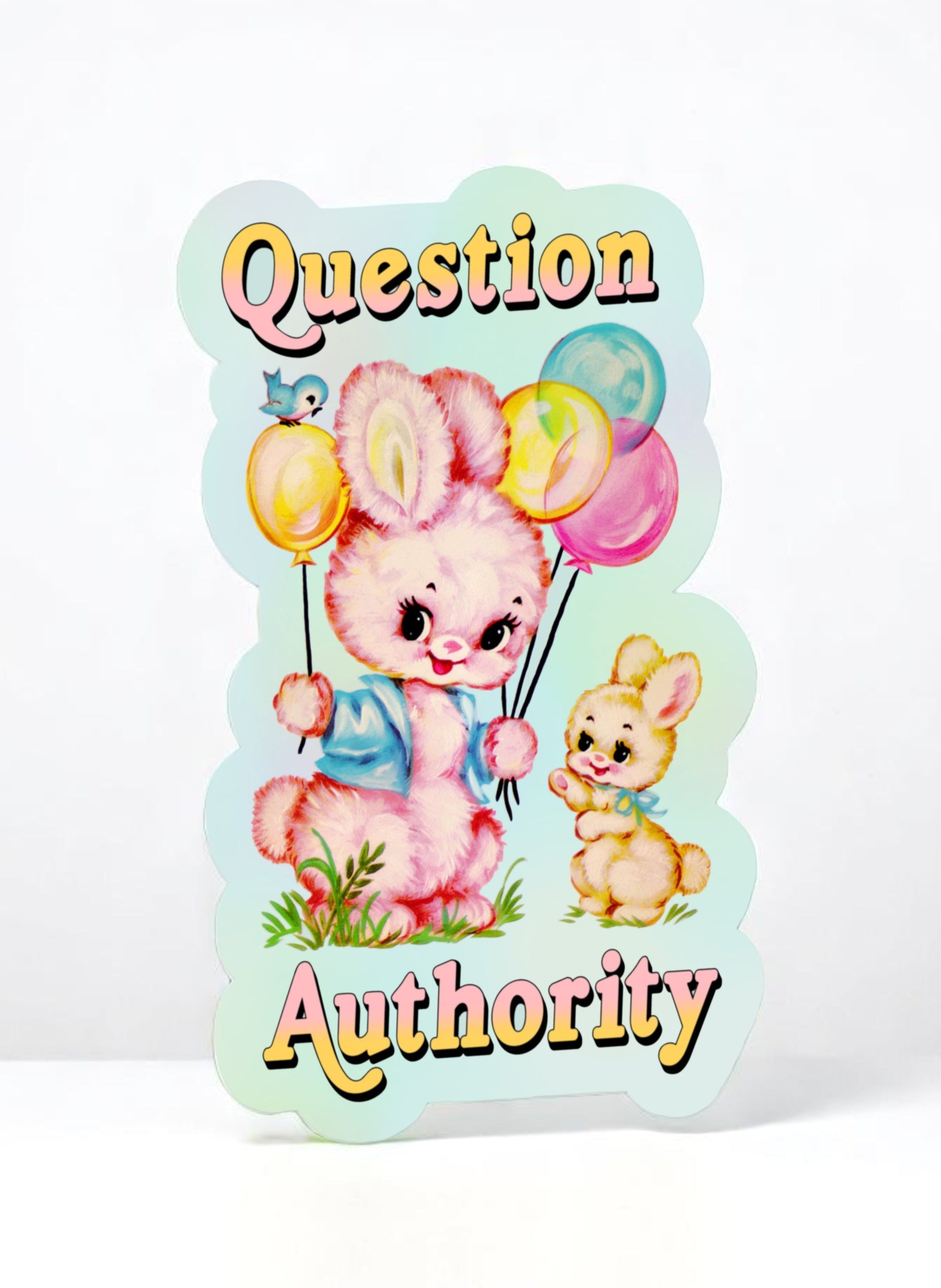 Funny Vinyl Sticker – Question Authority – Waterproof Retro Pastel Bunny Decal Sticker