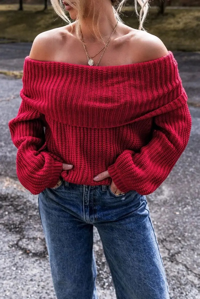 Love Salve Racing Red Knit Sweater Women&amp;#39;s Off-Shoulder Trendy Knitwear