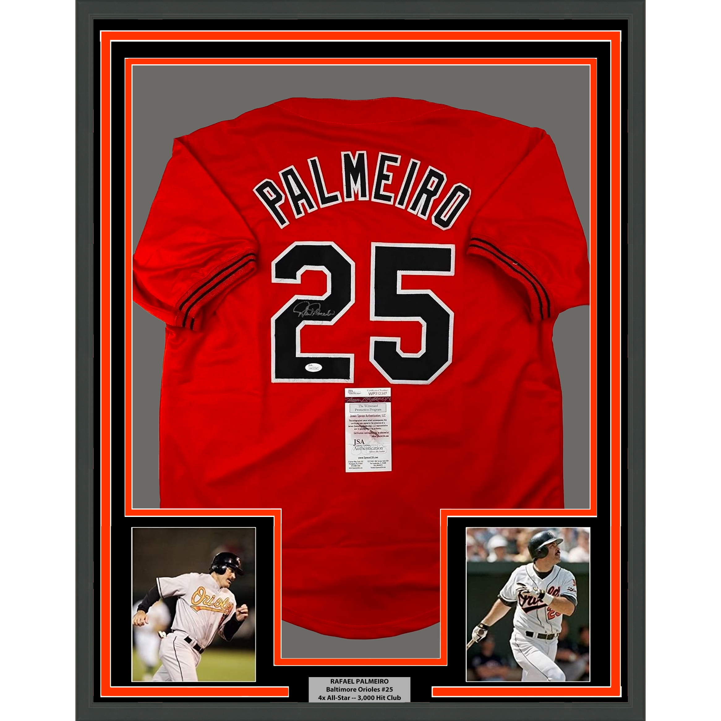 Framed Autographed/Signed Rafael Palmeiro 35x39 Baltimore Orange Baseball Jersey JSA COA