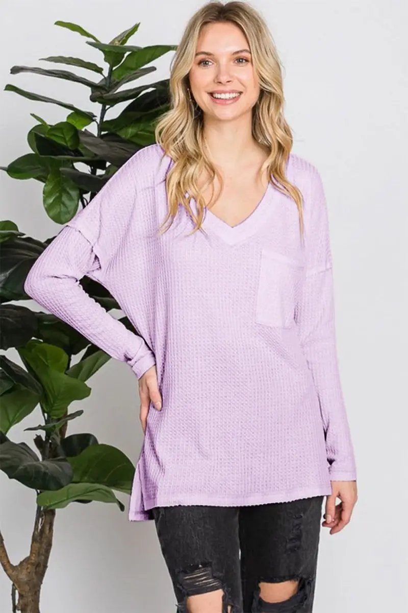 Lovesalve WS Waffle Knit V-Neck Women&amp;#39;s Long Sleeve Tee - Soft &amp;amp; Comfy Top