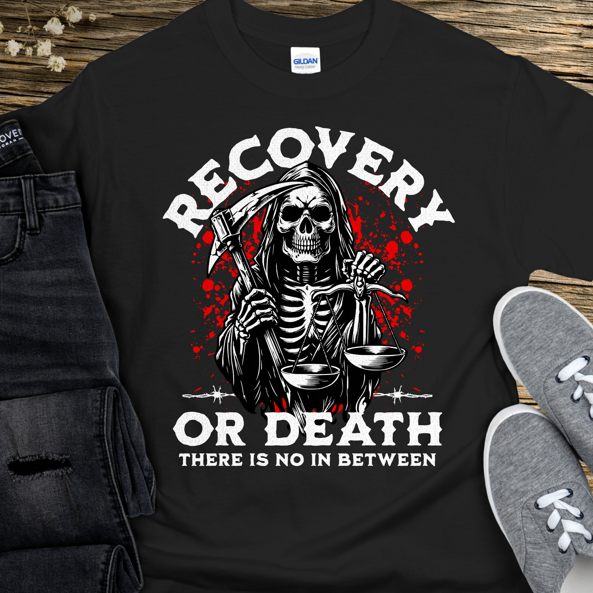 Recovery T-Shirt | Inspiring Sobriety |  Recovery Or Death (Grim Reaper)
