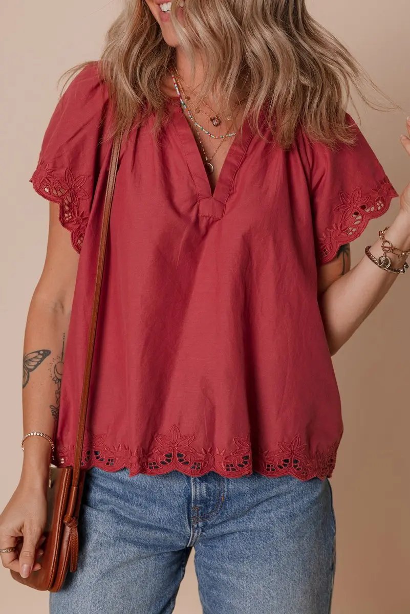 Love Salve Red Floral Embroidered Top Daily Wear Women&amp;#39;s Blouse Cute Scallop Trim