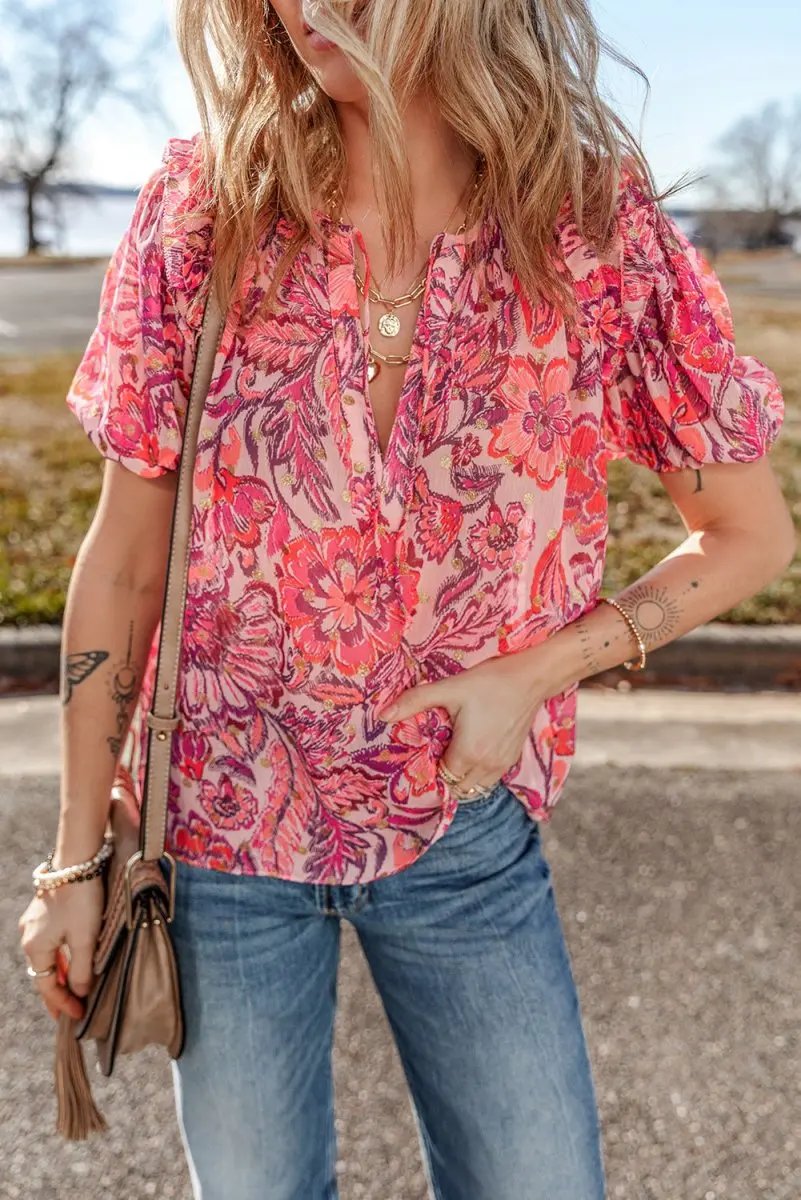 Love Salve Red Floral Blouse Women&amp;#39;s Casual Top: Ruffled, Puff Sleeve