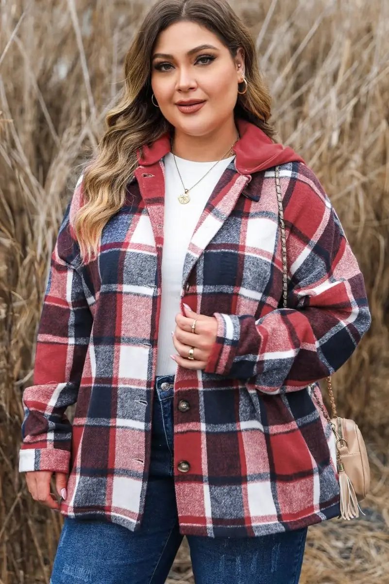 Love Salve Red Plaid Plus Size Women&amp;#39;s Button Up Hooded Shacket - Warm &amp;amp; Stylish
