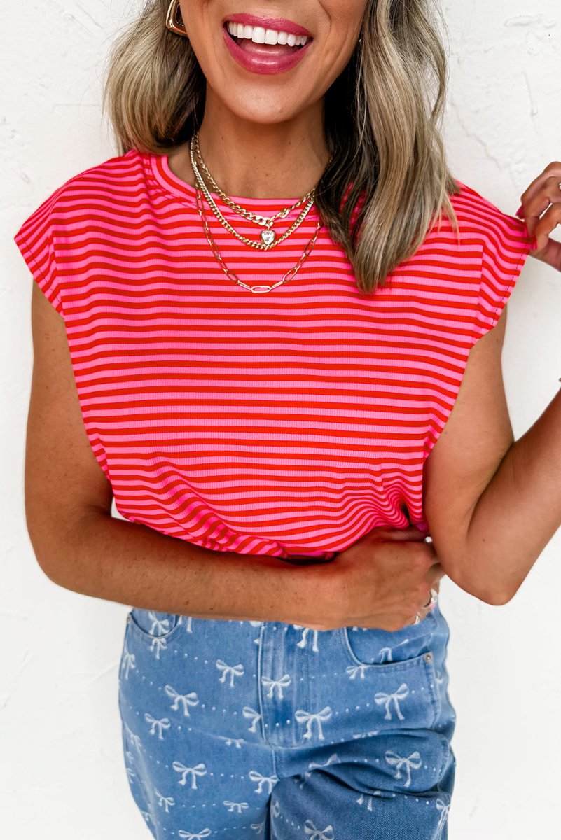 Red Stripe Ribbed Cap Sleeve Round Neck T Shirt for Women