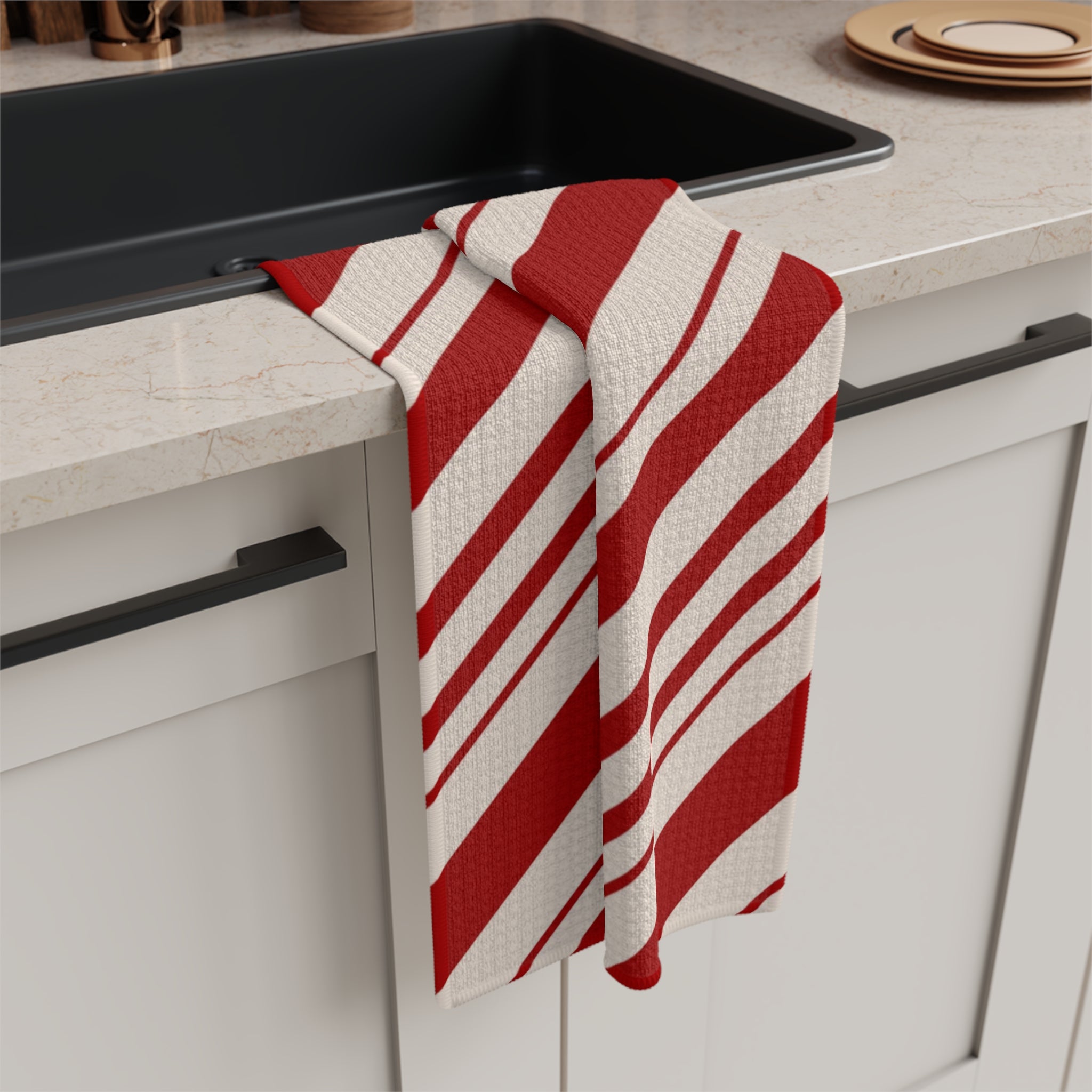 Christmas Kitchen Towel - Red and White Striped Ticking Tea Towel | Festive Holiday Hand Towel