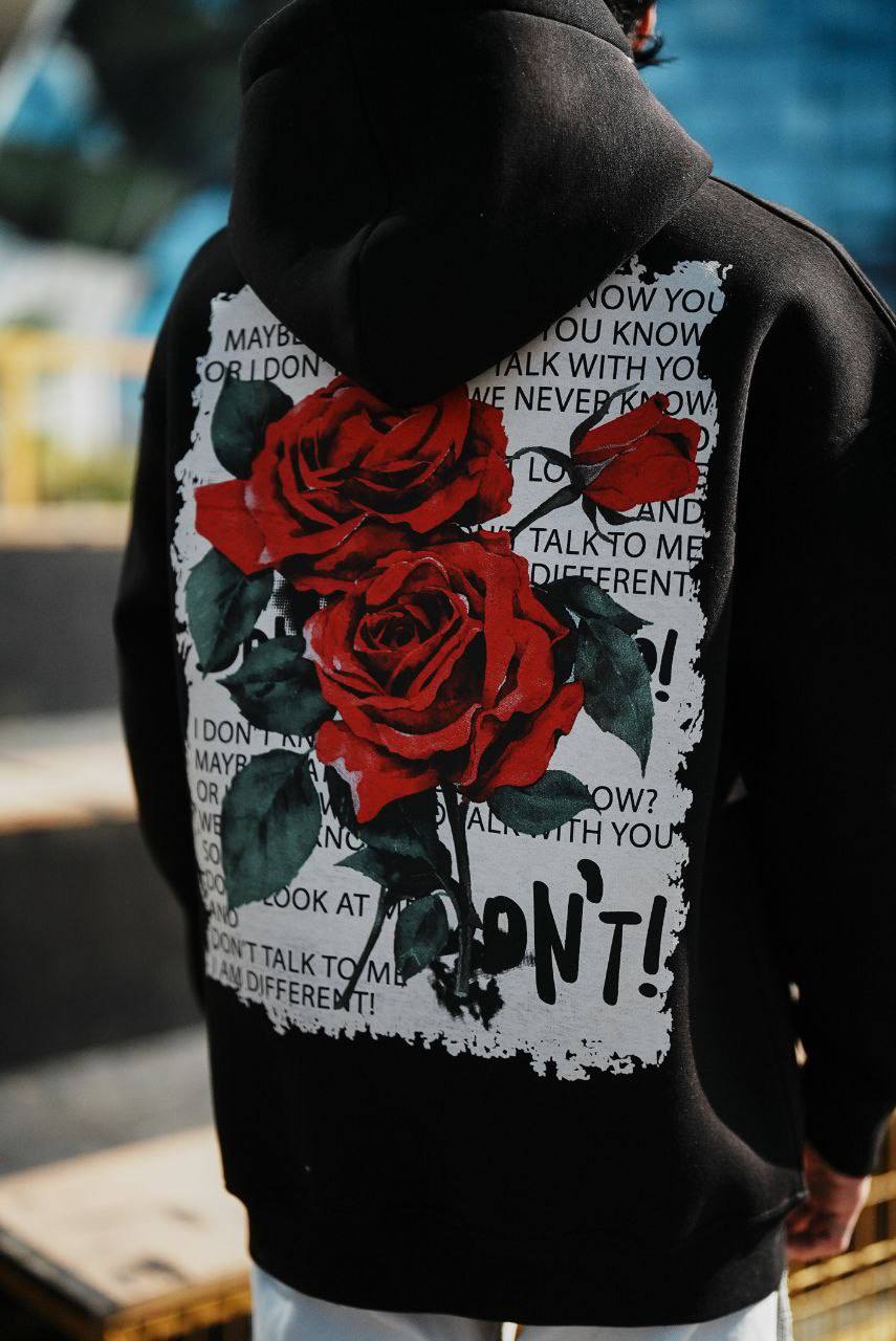 Oversize &#39;Red Roses&#39; Graphic Hoodie - Dark Aesthetic Streetwear Sweatshirt