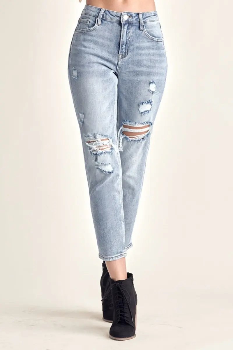 Trendsi RISEN Distressed Jeans Women&amp;#39;s Trendy Slim Cropped Denim - USA Ship