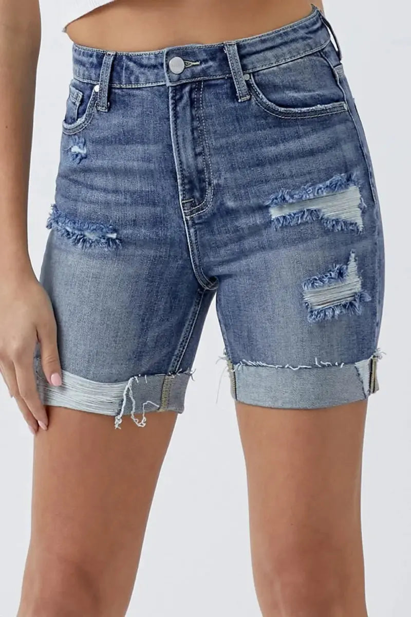 Distressed Denim Shorts Women&amp;#39;s Casual Pockets Rolled Hem