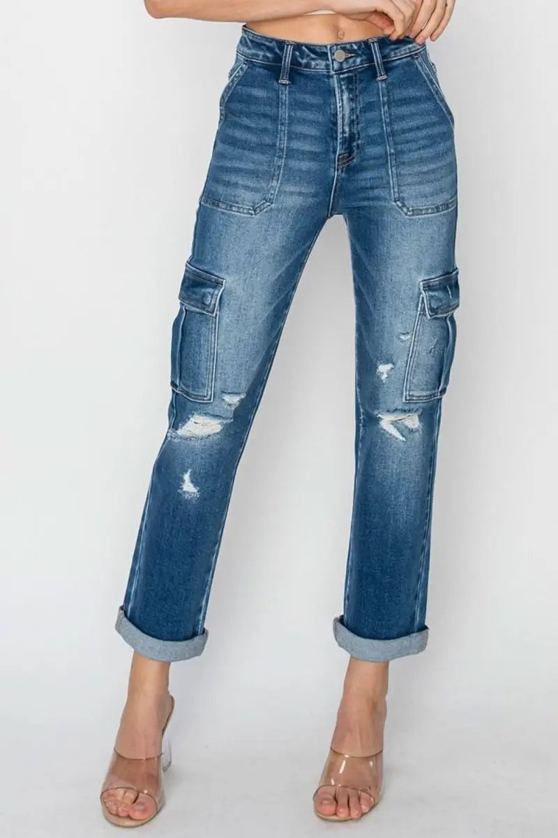 Trendsi RISEN High Rise Cargo Jeans Women&amp;#39;s Casual Straight Leg Denim USA Ship