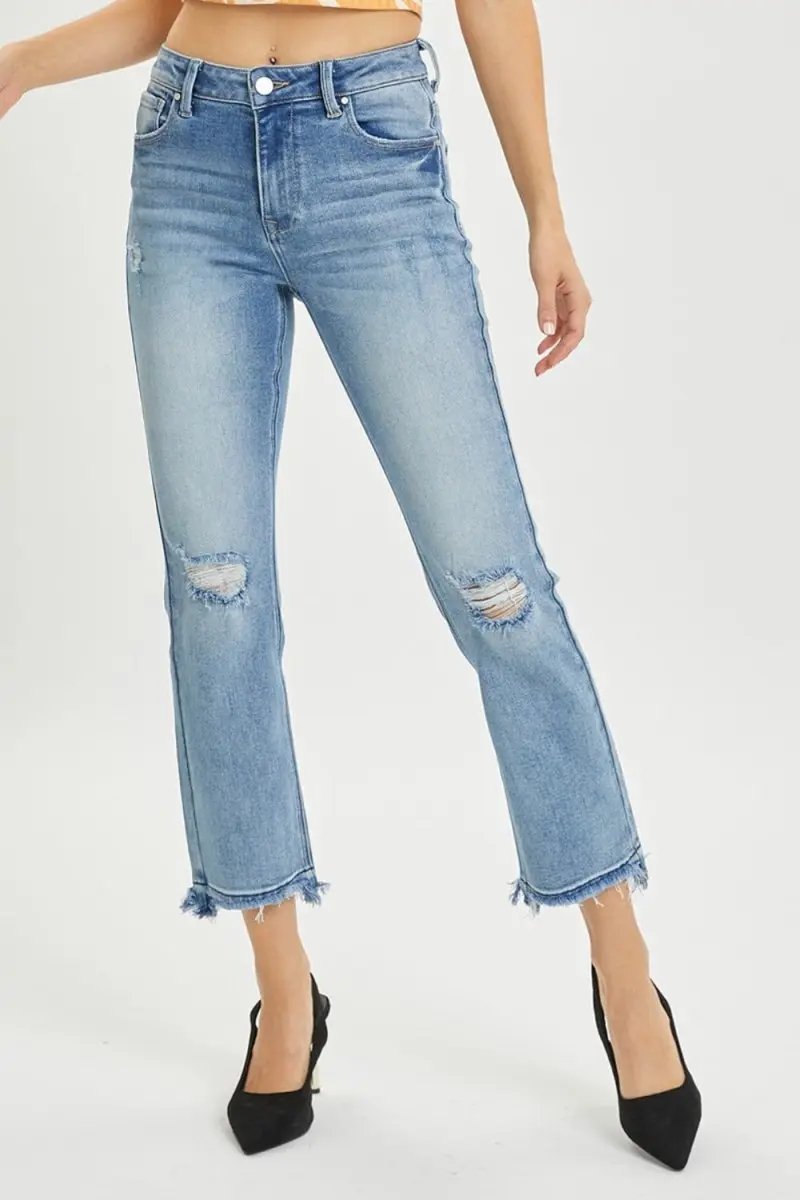 Trendsi RISEN Distressed Jeans Women&amp;#39;s High Rise Cropped Straight Leg Denim