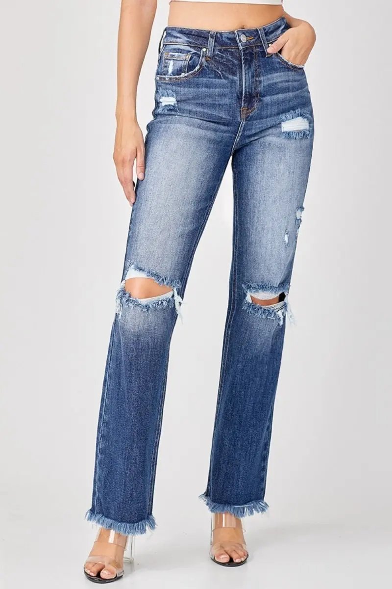 Trendsi Risen Jeans Women&amp;#39;s Casual Raw Hem Distressed Straight Leg Denim