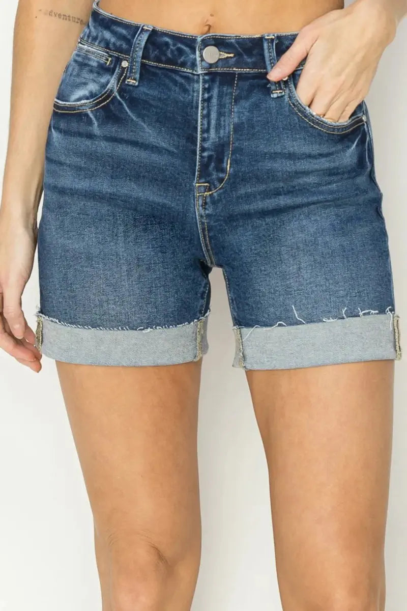 RISEN Denim Shorts Women&amp;#39;s High Rise Cuffed Summer Style