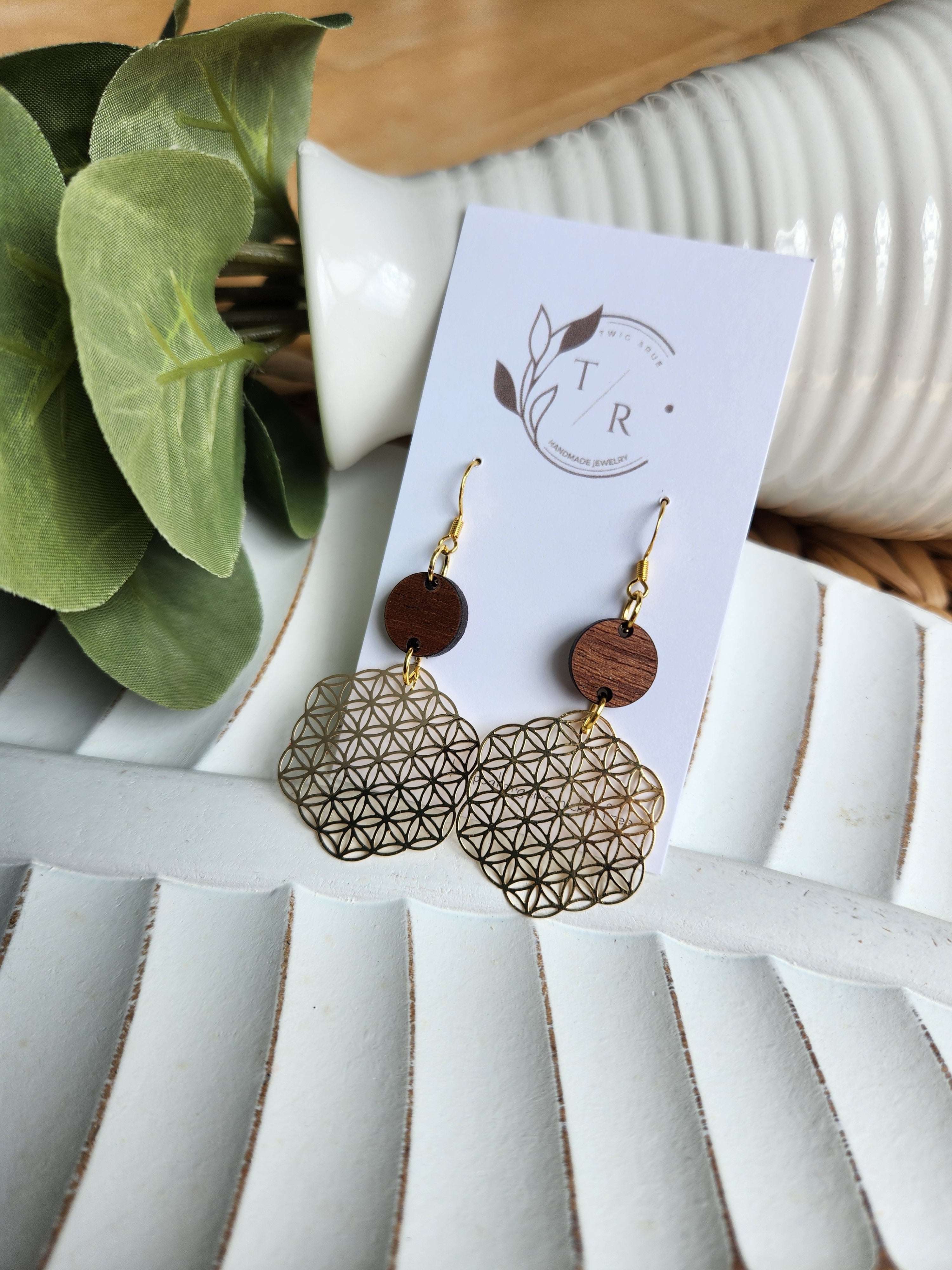 Gold and Wood Filigree Earring
