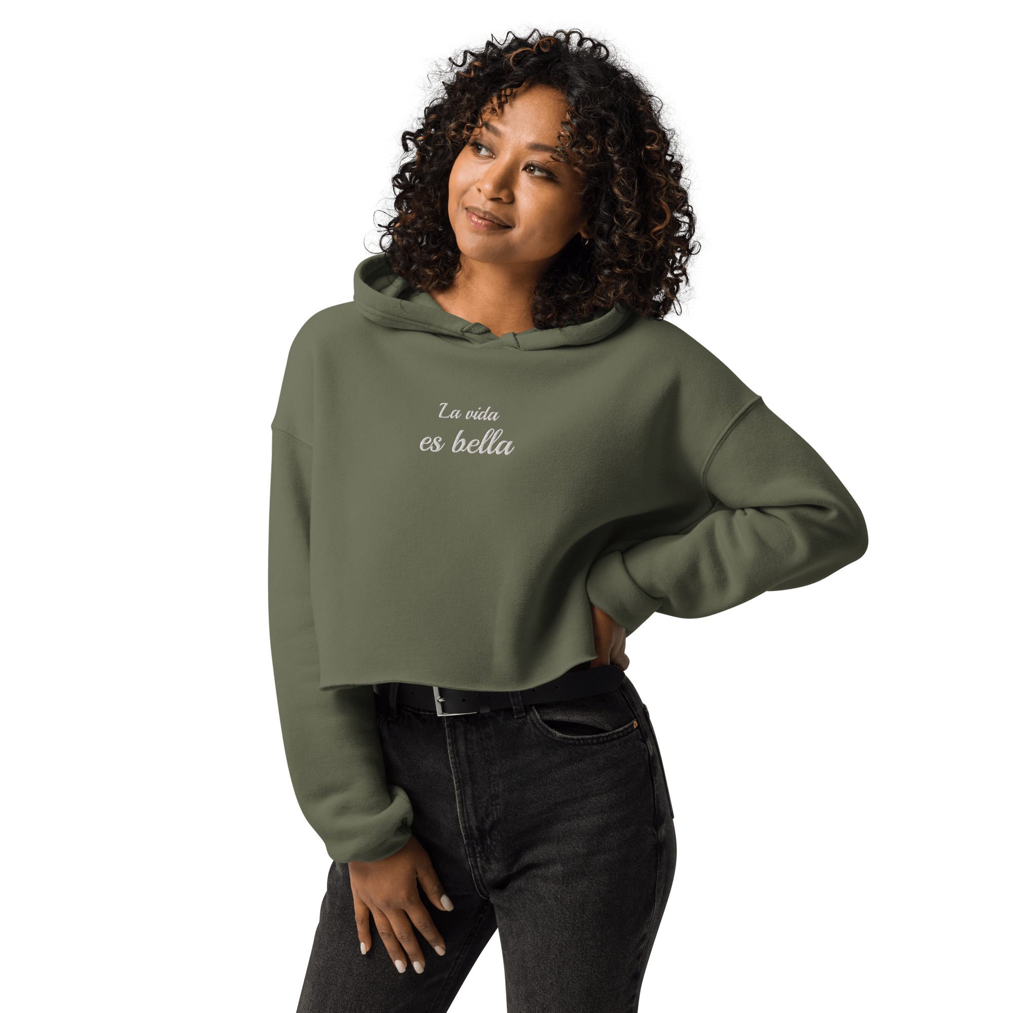 La vida es bella embroidered Crop Hoodie