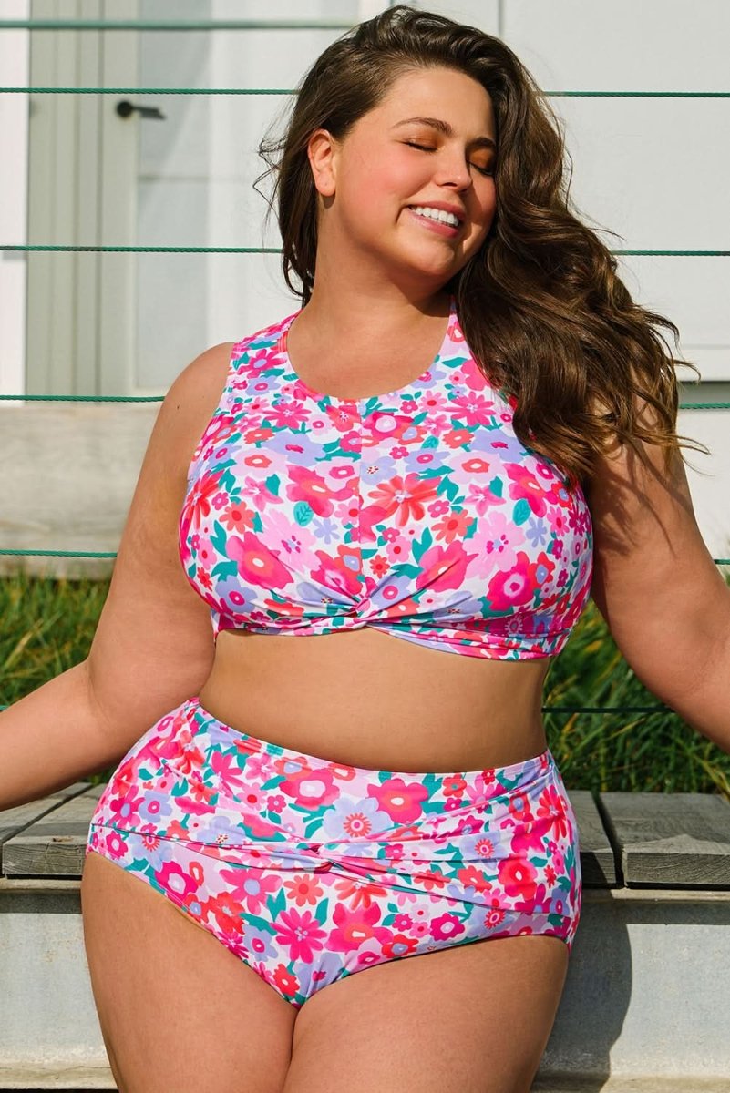 Rose Floral Print Plus Size High Waist Twisted Bikini Set