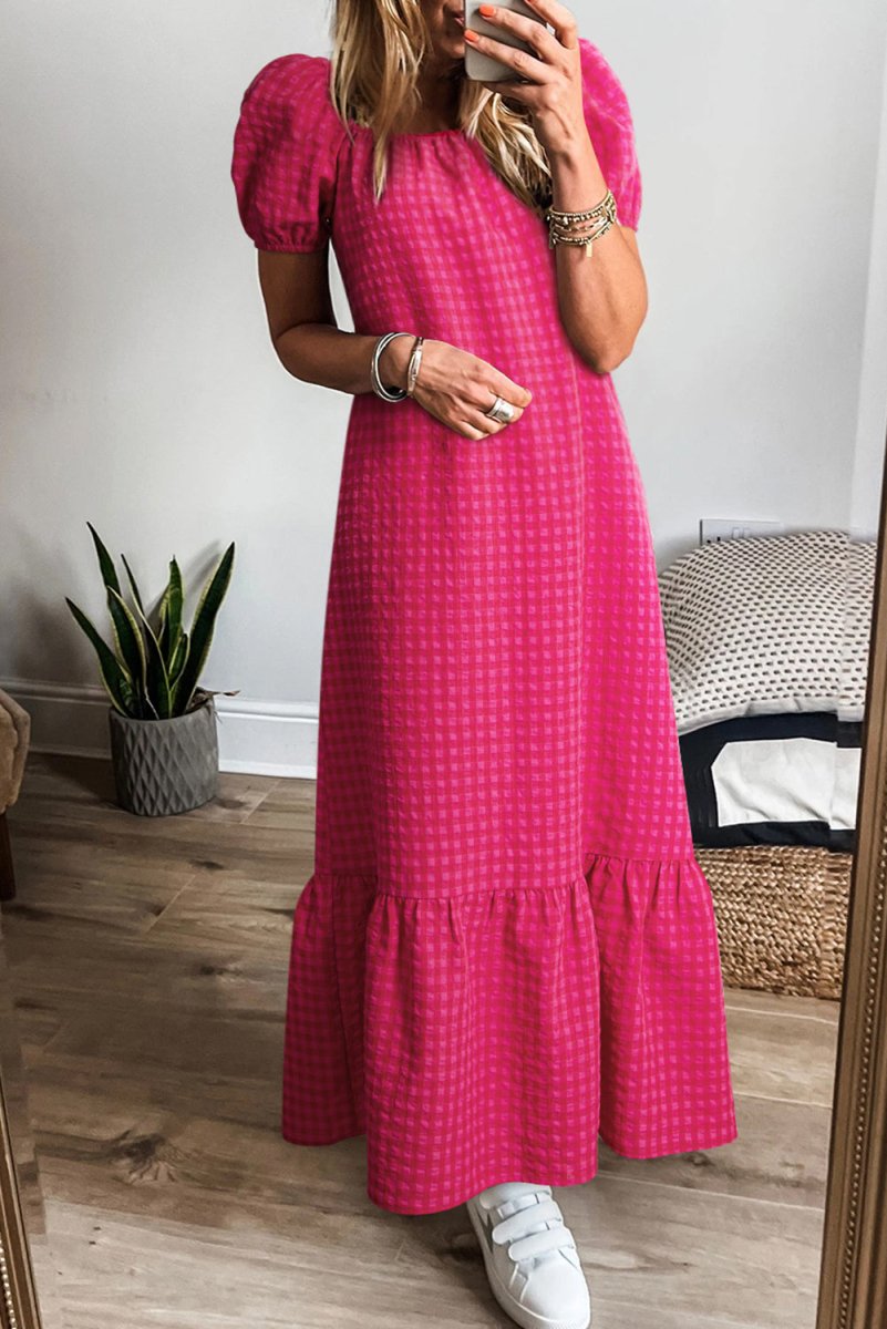 Rose Ginham Check Bubble Sleeve Ruffled Maxi Dress for Women