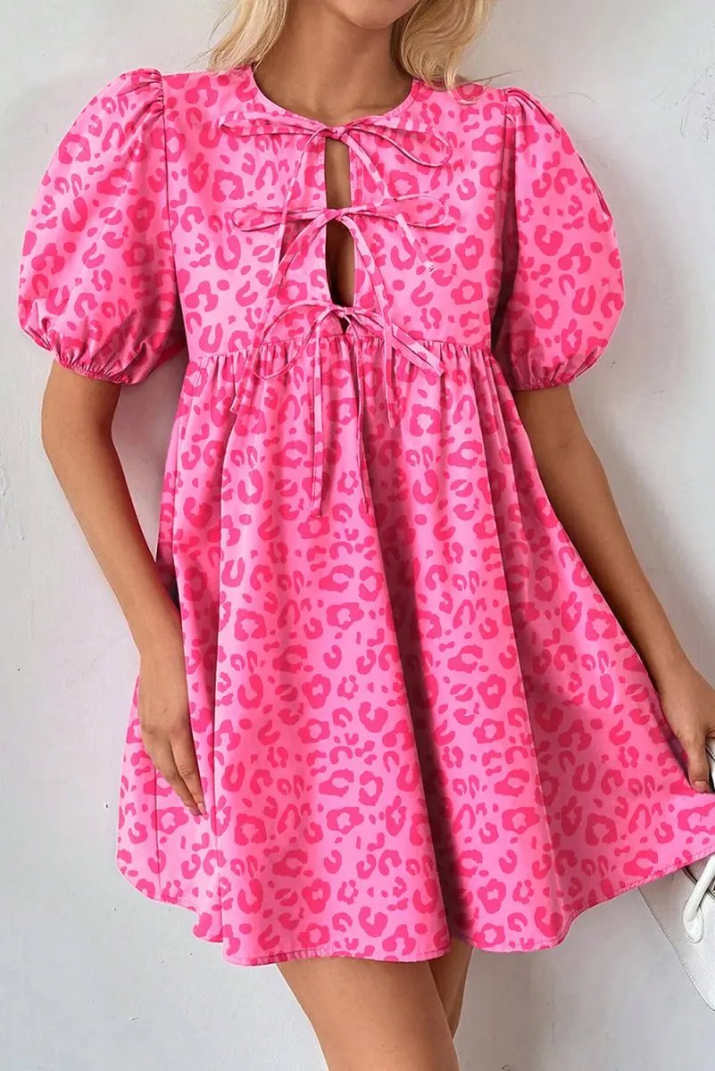 Love Salve Pink Leopard Mini Dress Women&amp;#39;s Date Night A-Line Dress Puff Sleeve