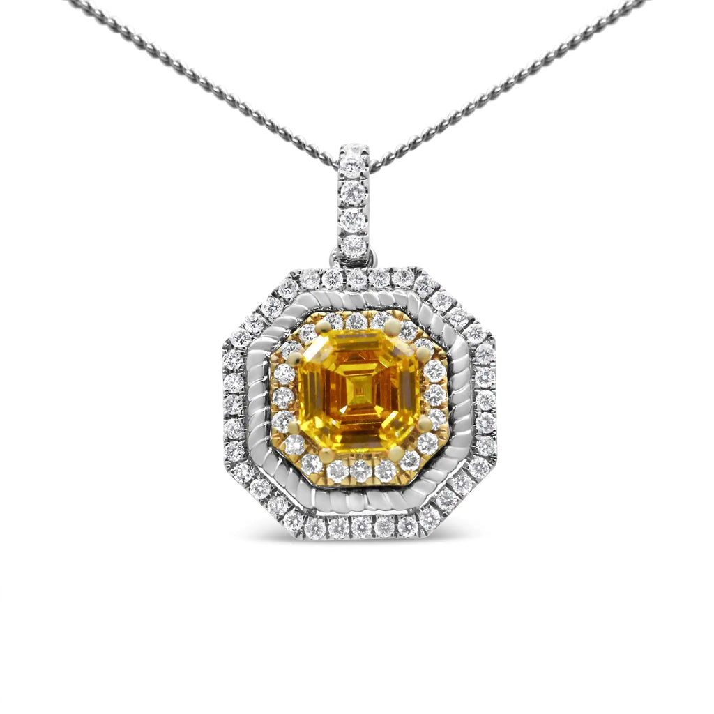 (.07) Style Loft Collection 18K White and Yellow Gold 2 1/4 Ctw Lab Grown Yellow Asscher Cut Diamond Art Deco Style Halo 18" Pendant Necklace (Yellow/G-H Color, VS1-VS2 Clarity)