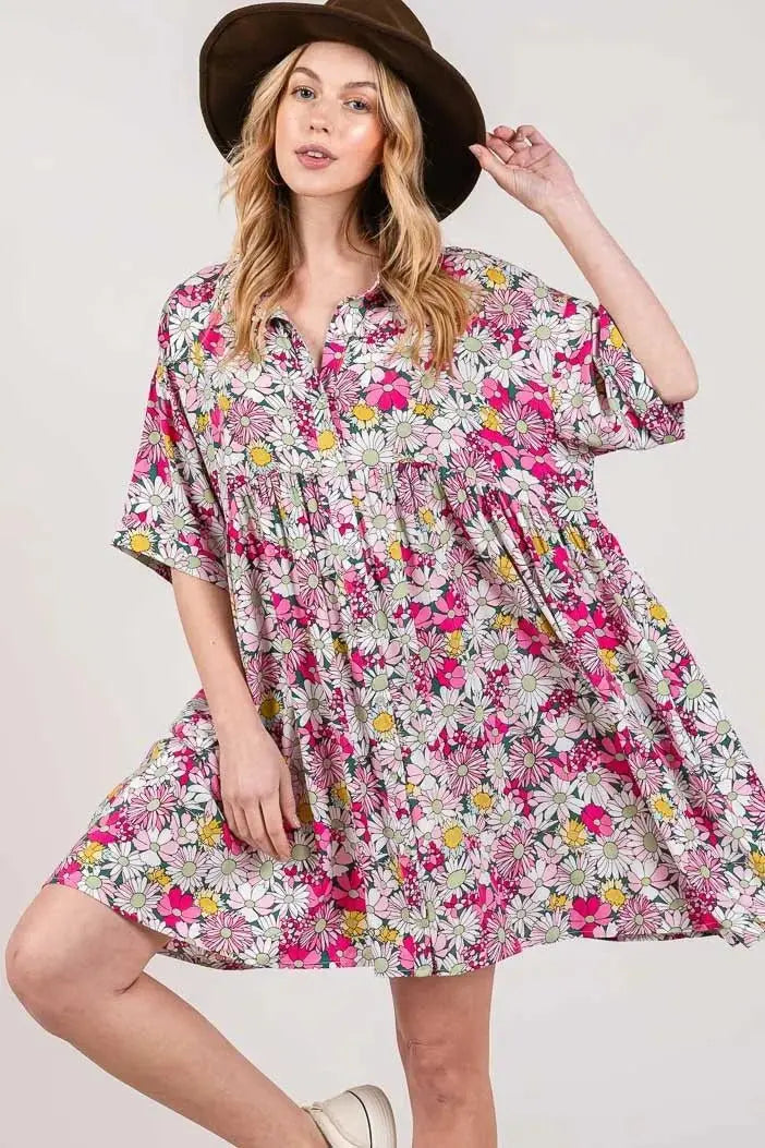 Floral Mini Dress Women&amp;#39;s Casual Button Down Shirt Dress - Lightweight, USA Ship