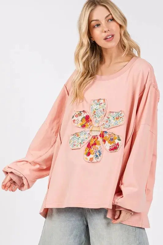 Trendsi Flower Patch Top Women&amp;#39;s Casual Oversize Tee Dropped Shoulder USA Ship