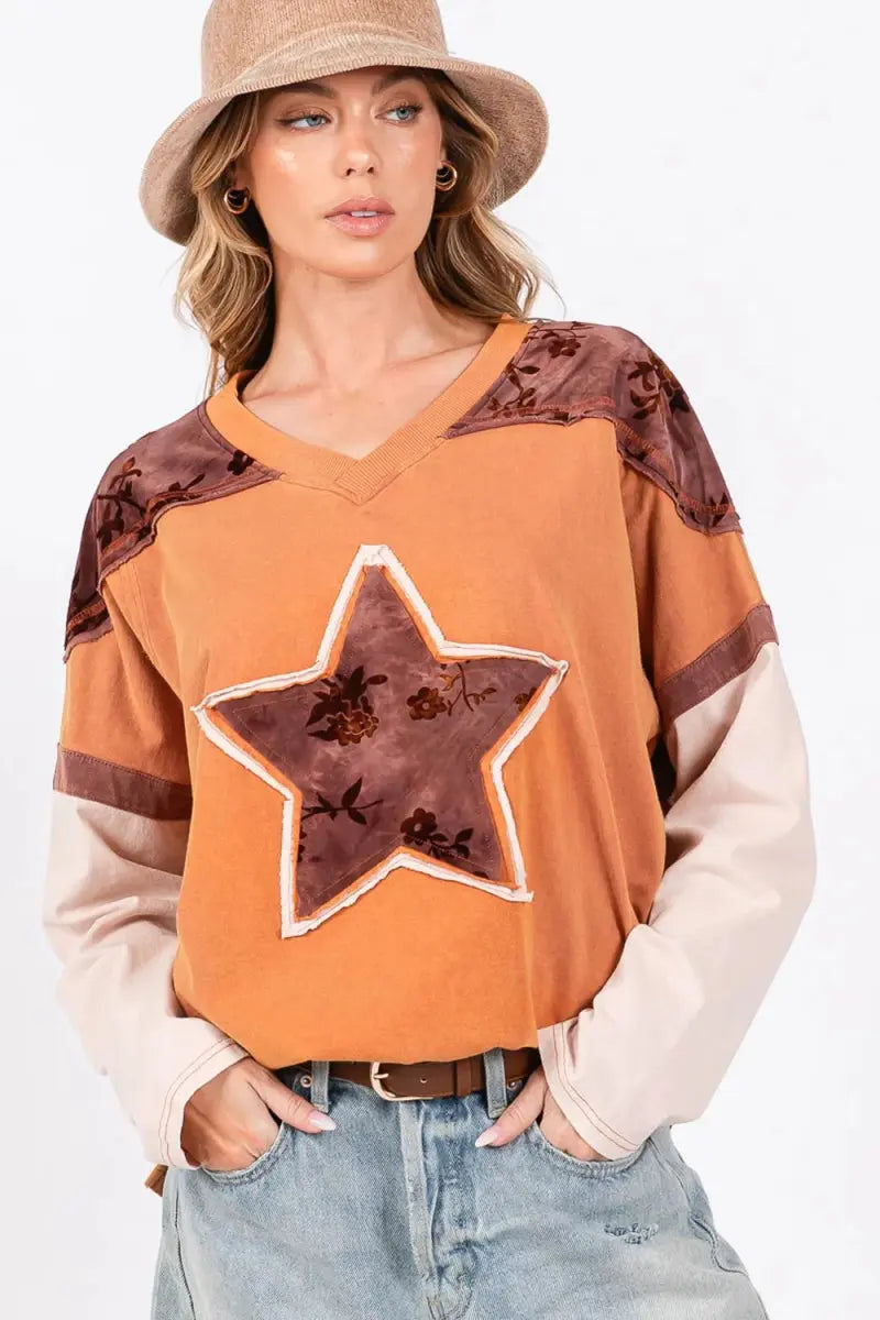 Star Patch Colorblock Women&amp;#39;s T-Shirt USA Shipped Long Sleeve