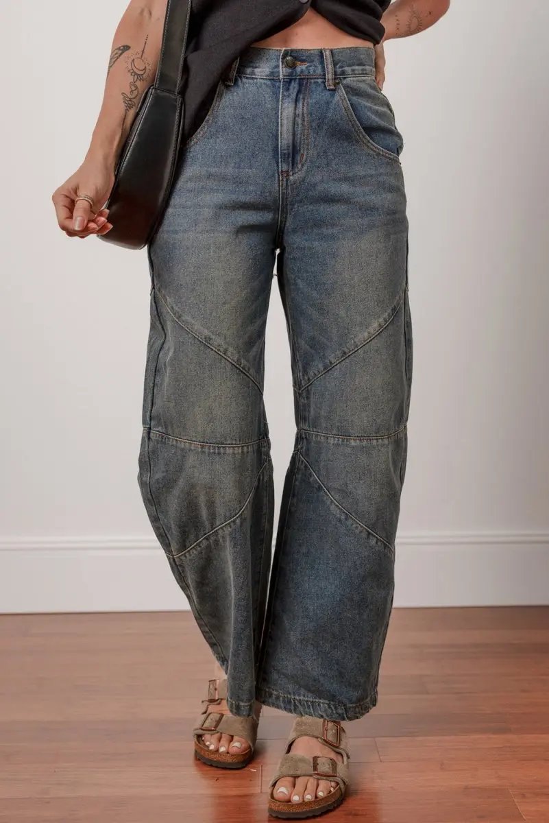 Love Salve Blue Denim Jeans Women&amp;#39;s Daily Wear Wide Leg High Waist + Exposed Stitch