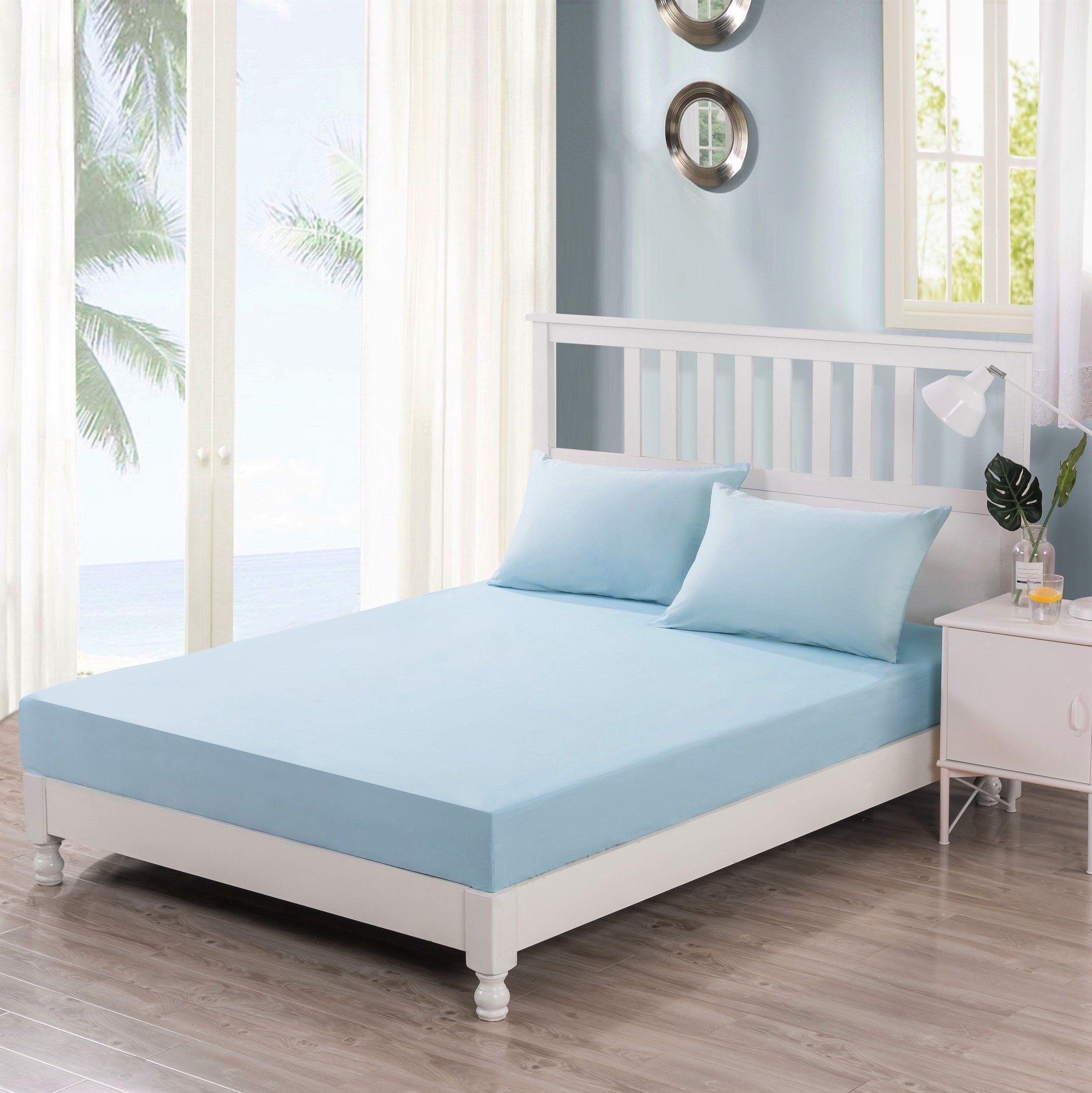 DaDa Bedding Soothing SeaFoam Sky Blue Cotton Fitted Bed Sheet w/Pillow Cases (JHW604)