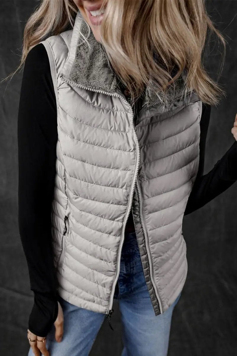 Love Salve Silvery Plush Vest Women&amp;#39;s Layering Quilted Puffer Vest - Trendy Style