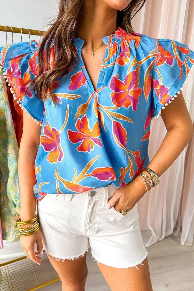 Love Salve Sky Blue Floral Blouse Women&amp;#39;s Summer Top: V-Neck &amp;amp; Flutter Sleeves