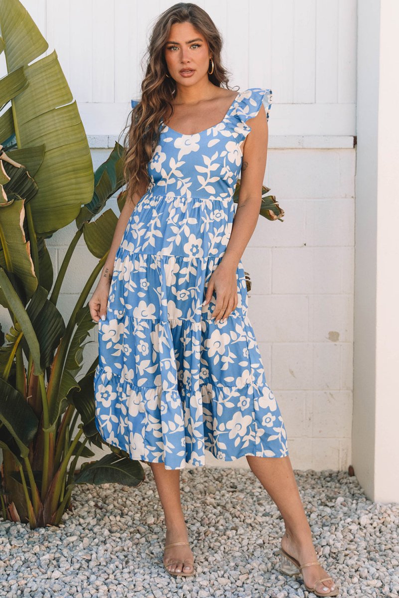 Sky Blue Floral U Neck Flutter Shoulder Tiered Flowy Dress