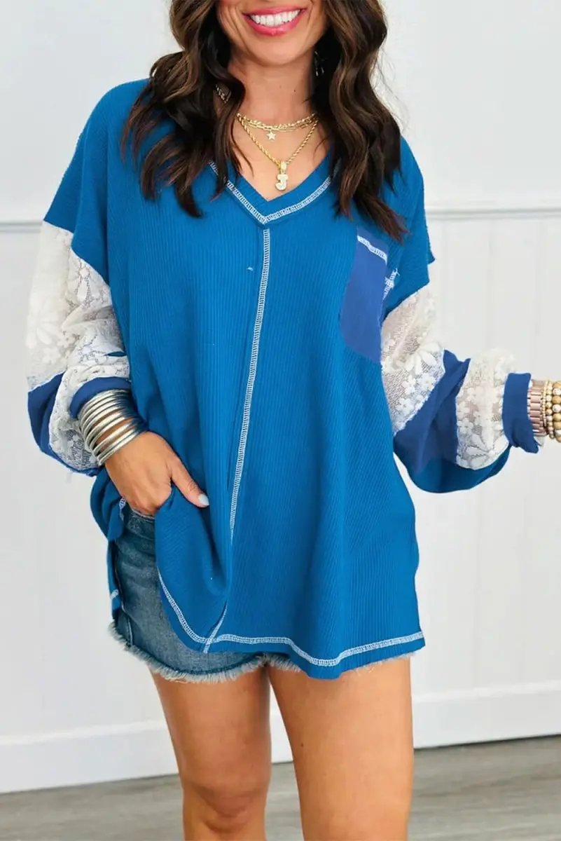 Love Salve Blue Lace Blouse Women&amp;#39;s Daily Wear Rib Knit Top: Patchwork Sleeves