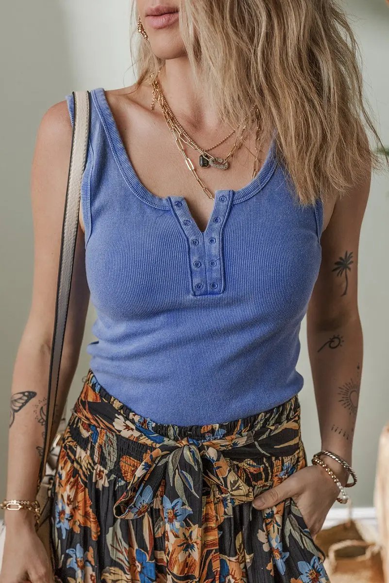 Love Salve Sky Blue Ribbed Tank Women&amp;#39;s Casual Top: Mineral Wash, Notch Neck