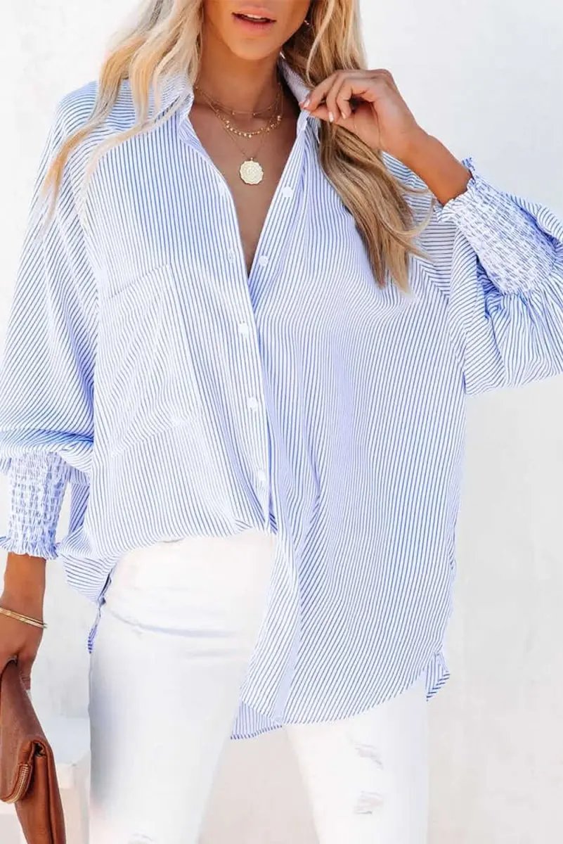 Love Salve Sky Blue Striped Shirt Women&amp;#39;s Casual Boyfriend Top Smocked Cuffs