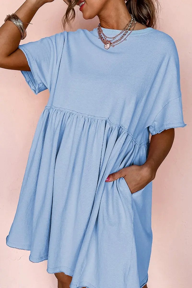 Love Salve Sky Blue Babydoll Dress Women&amp;#39;s Casual Summer Mini Dress Pocketed, Raw Edge