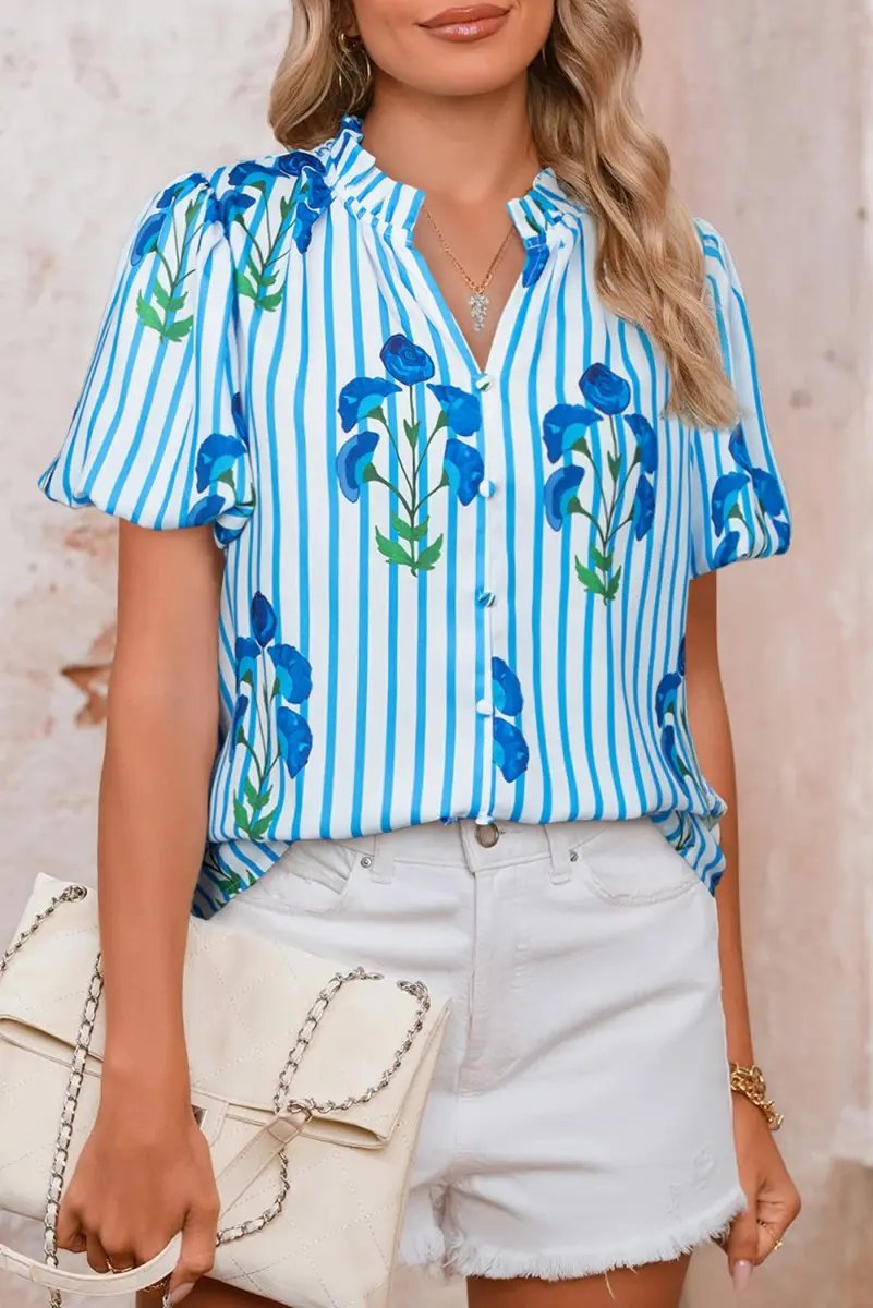 Love Salve Blue Floral Stripe Women&amp;#39;s Blouse Summer Top Frilly Puff Sleeve