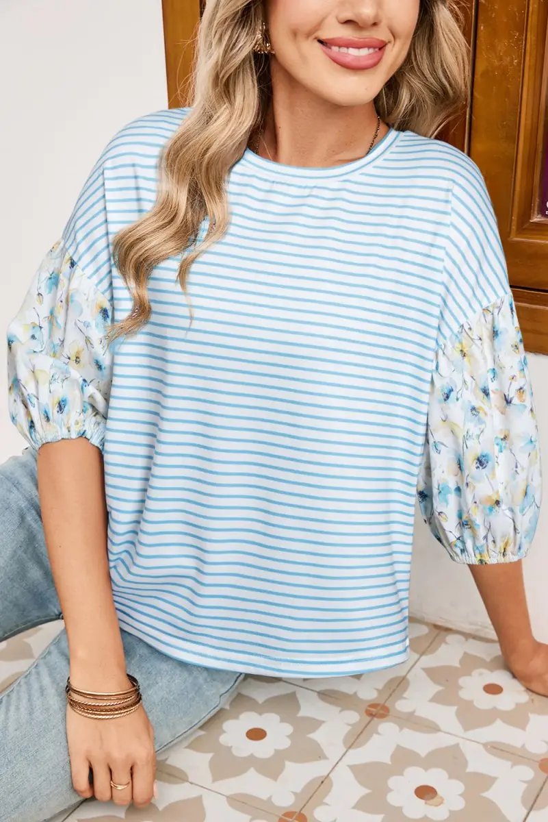 Love Salve Blue Stripe Floral Women&amp;#39;s Top Southern Belle Style Cute Summer Blouse
