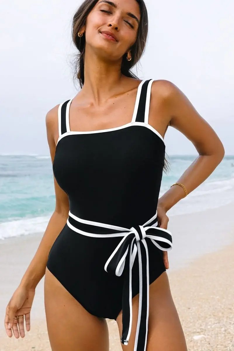 Love Salve Black Colorblock Swimsuit Women&amp;#39;s Vacation One-Piece - Belted &amp;amp; Elegant