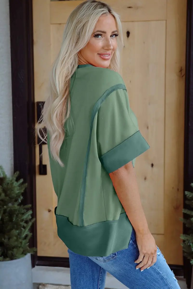 Love Salve Green Raw Seam Top Women&amp;#39;s Casual High Low Tee - Summer Style