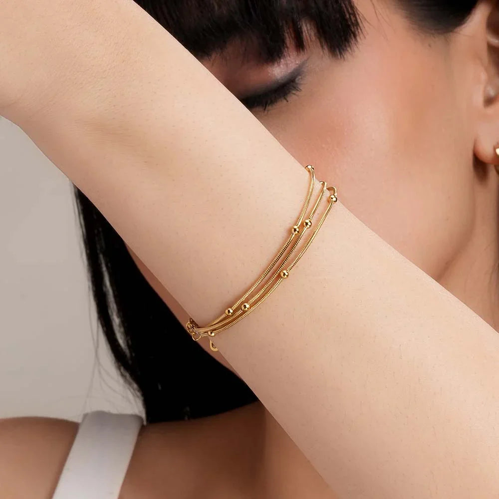 Triple Layer Gold Chain Bracelet with Beads E-legant Women’s Jewelry