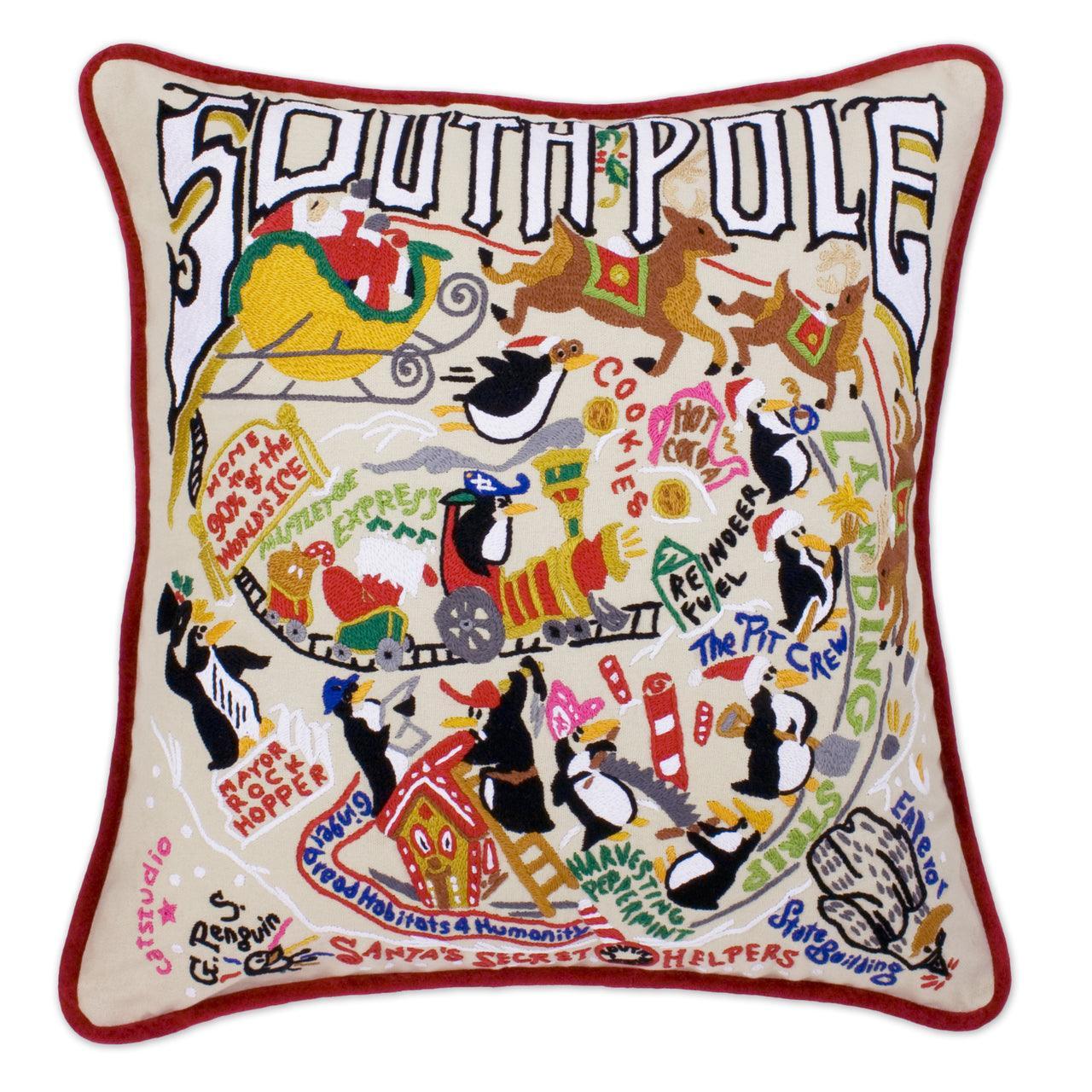 South Pole Christmas Hand-Embroidered Pillow