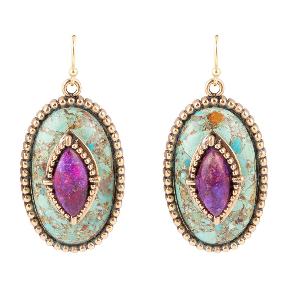 Stacked Stone Blue and Purple Turquoise Golden Drop Earrings