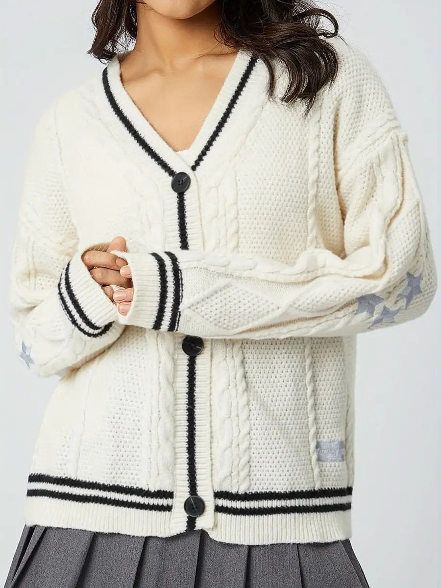 Trendsi Star Embroidered Women&amp;#39;s V-Neck Cardigan Long Sleeve Stylish Wear