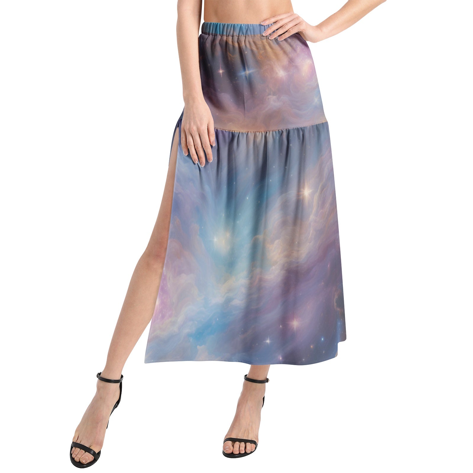 Starry galaxy elastic Waist Ruffle Slit Hem Skirt