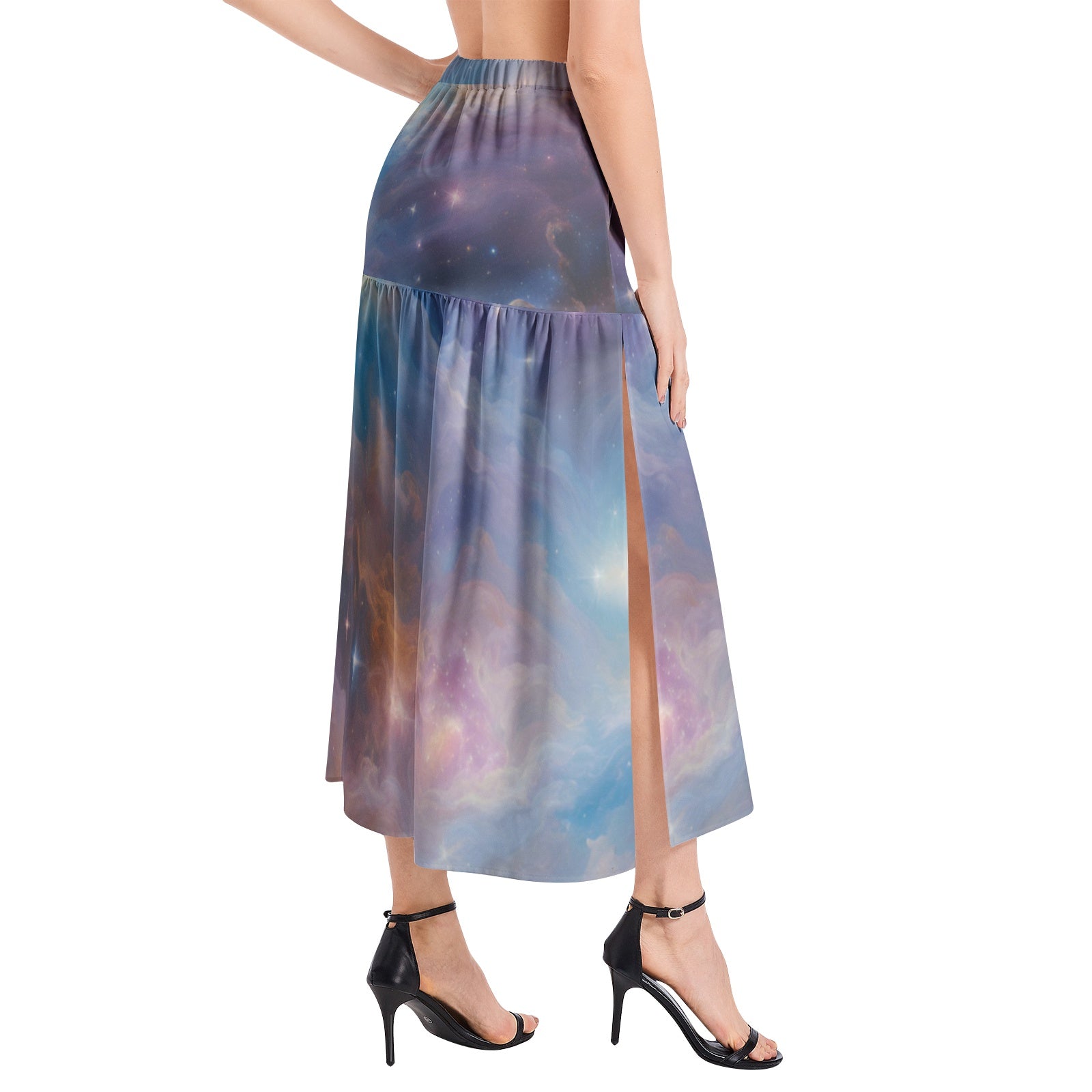 Starry galaxy elastic Waist Ruffle Slit Hem Skirt
