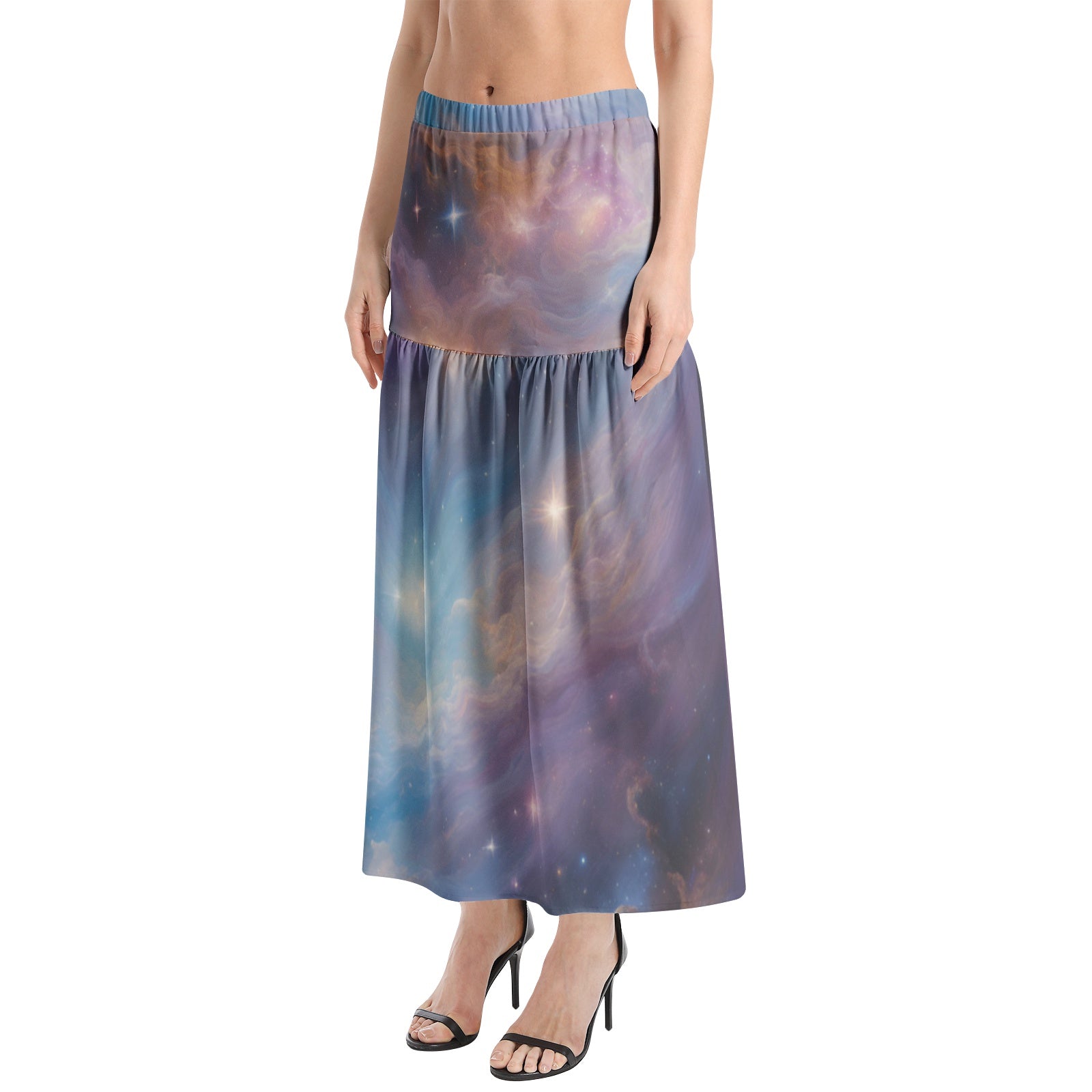 Starry galaxy elastic Waist Ruffle Slit Hem Skirt