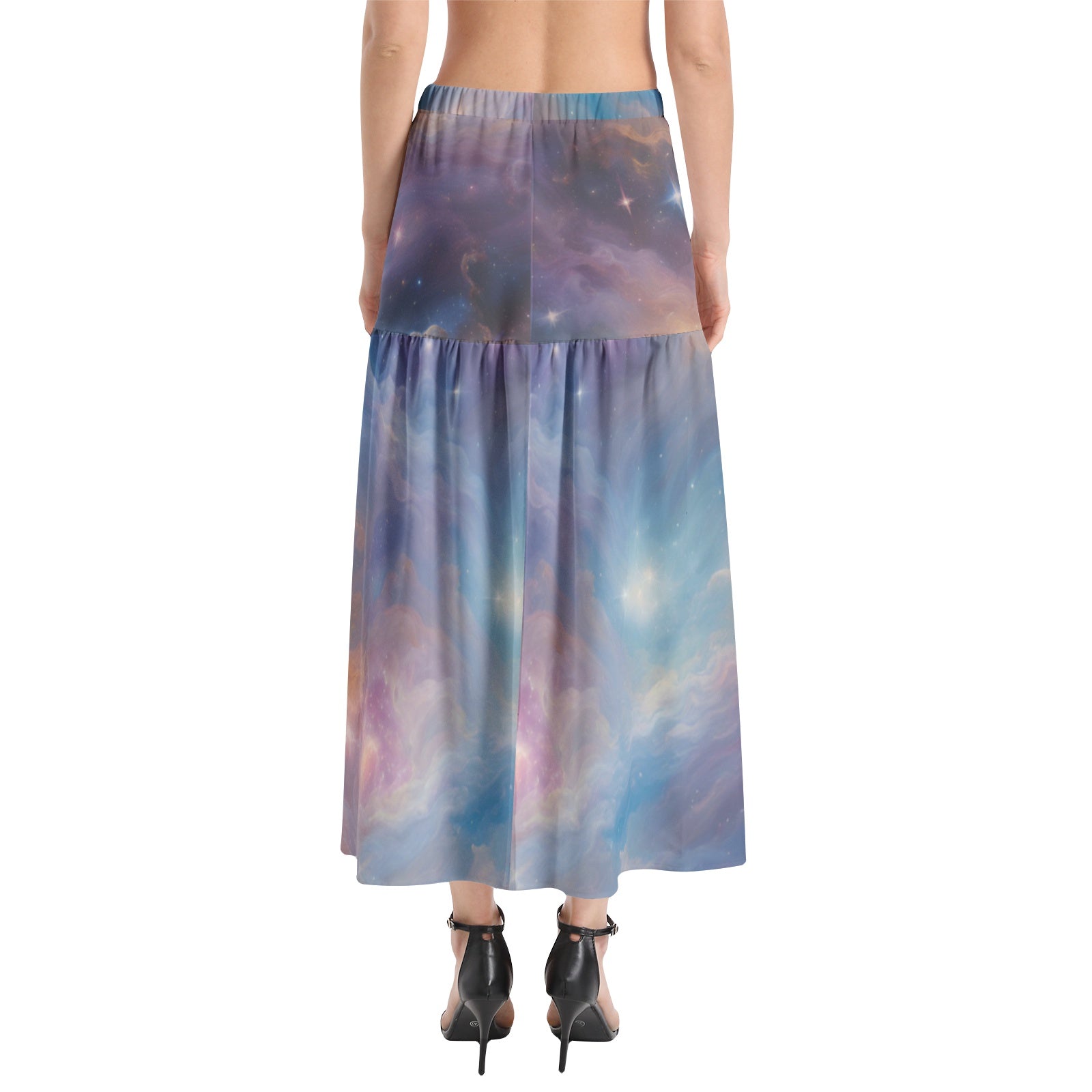 Starry galaxy elastic Waist Ruffle Slit Hem Skirt
