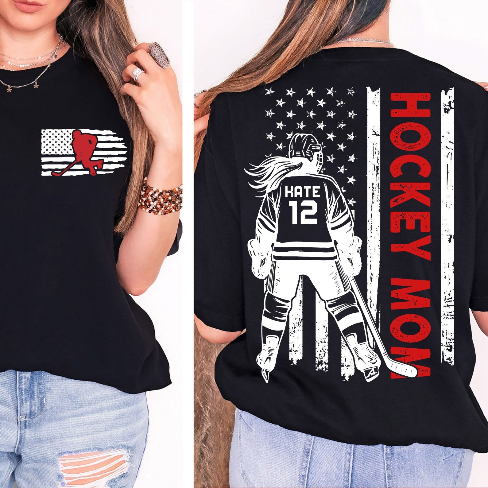 Custom Hockey Mom Shirt | Personalized Custom Name and Number T-shirt | Gift for Mom | Gift for Wife | Front &amp;amp; Back Shirt 682441