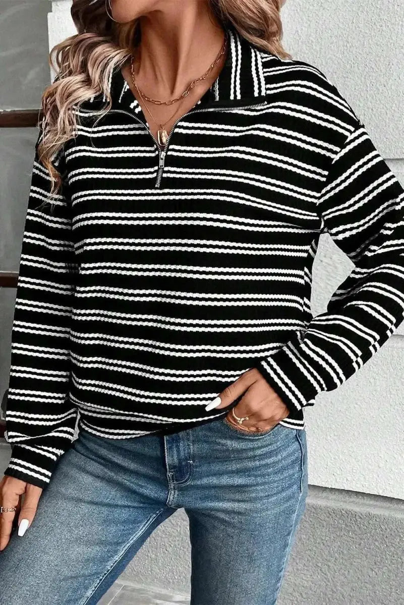 Trendsi Striped Half Zip Women&amp;#39;s Long Sleeve Top Casual Stylish Wear